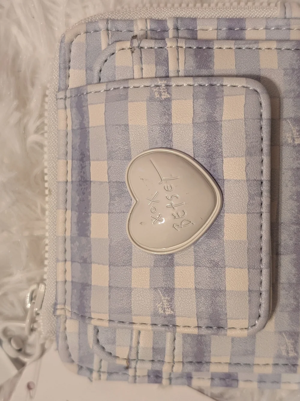 Betsey Johnson Blue and White Gingham Card Case with Heart Charm